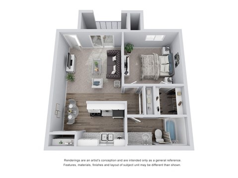 1 bed 1 bath 3D Floor Plan C